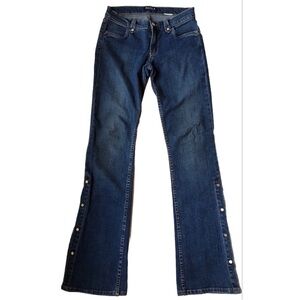 Y2K low rise Jeans Small Side Slit Flair Boot Leg Rhinestones Designer Allen B